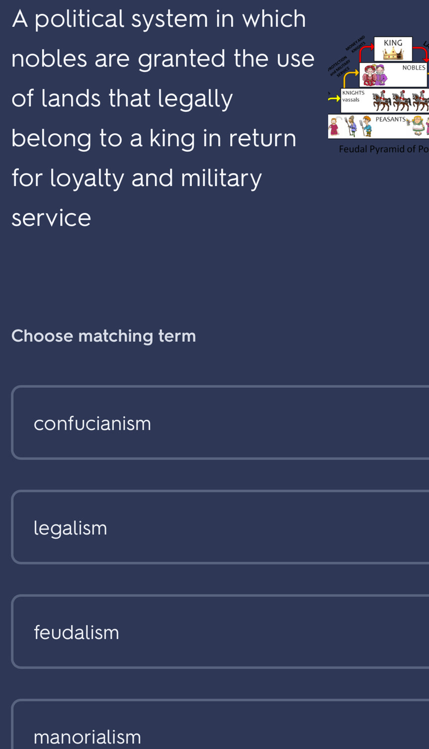 A political system in which
KING
nobles are granted the use
NOBLES
KNIGHTS
of lands that legally vassals
belong to a king in return Feudal Pyramid of Po
for loyalty and military
service
Choose matching term
confucianism
legalism
feudalism
manorialism