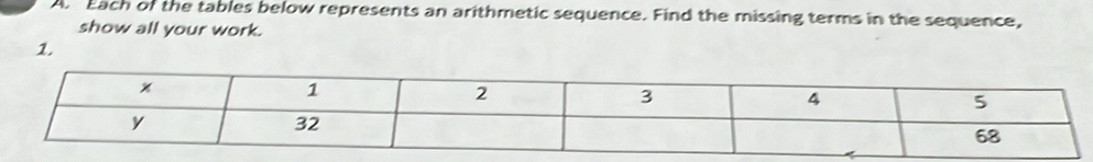 A Each of the tables below represents an arithmetic sequence. Find the missing terms in the sequence, 
show all your work. 
1.