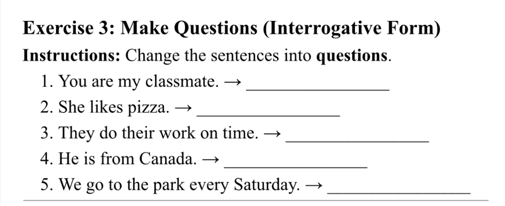 Make Questions (Interrogative Form) 
Instructions: Change the sentences into questions. 
1. You are my classmate._ 
2. She likes pizza._ 
3. They do their work on time._ 
4. He is from Canada. 
_ 
_ 
5. We go to the park every Saturday._