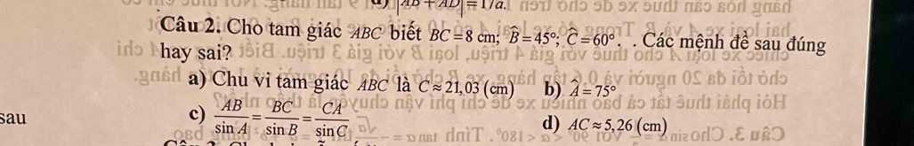 D+AD=17a. 
Câu 2. Cho tam giác ABC biết BC=8cm; widehat B=45°; widehat C=60° mệnh đề sau đún
hay sai?
a) Chu vi tam giác ABC là Capprox 21,03(cm) b) A=75°
sau c)  AB/sin A = BC/sin B = CA/sin C 
d) ACapprox 5,26(cm)