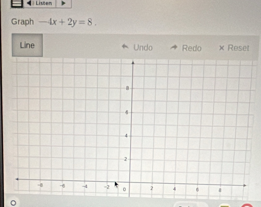 Listen 
Graph -4x+2y=8. 
Line Undo Redo × Reset