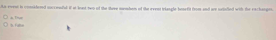 An event is considered successful if at least two of the three members of the event triangle benefit from and are satisfied with the exchanges.
a. True
b. False