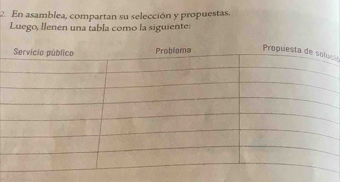 En asamblea, compartan su selección y propuestas. 
Luego, llenen una tabla como la siguiente: 
ió