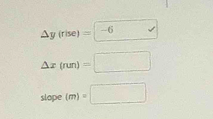 △ y(rise)=-6
△ x(run)=□
slope (m)=□