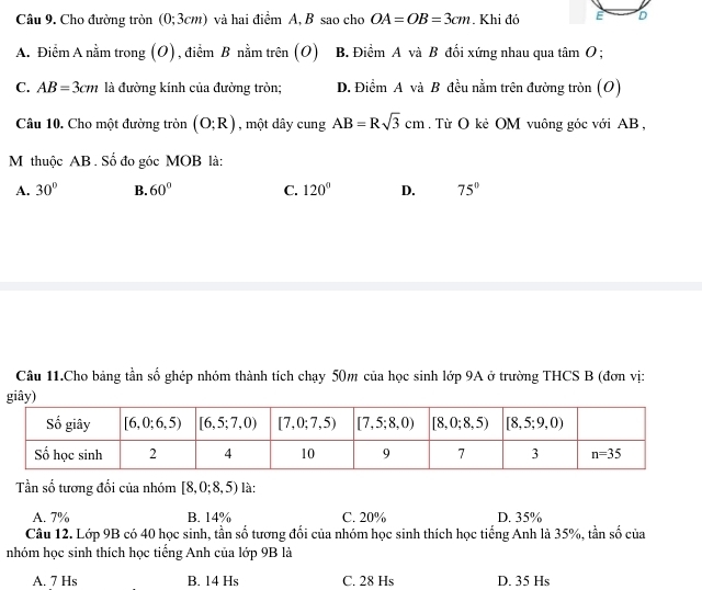 Cho đường tròn (0; 3cm) và hai điểm A, B sao cho OA=OB=3cm. Khi đó E D
A. Điểm A nằm trong (O), điểm B nằm trên (O) B. Điểm A và B đối xứng nhau qua tâm O ;
C. AB=3cm là đường kính của đường tròn; D. Điểm A và B đều nằm trên đường tròn (O)
Câu 10. Cho một đường tròn (O;R) , một dây cung AB=Rsqrt(3)cm. Từ O kẻ OM vuông góc với AB ,
M thuộc AB . Số đo góc MOB là:
A. 30° B. 60° C. 120° D. 75°
Câu 11.Cho bảng tần số ghép nhóm thành tích chạy 50m của học sinh lớp 9A ở trường THCS B (đơn vị:
giây)
Tần số tương đối của nhóm [8,0;8,5) là:
A. 7% B. 14% C. 20% D. 35%
Câu 12. Lớp 9B có 40 học sinh, tần số tương đối của nhóm học sinh thích học tiếng Anh là 35%, tần số của
nhóm học sinh thích học tiếng Anh của lớp 9B là
A. 7 Hs B. 14 Hs C. 28 Hs D. 35 Hs