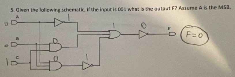 Given the following schematic, if the input is 001 what is the output F? Assume A is the MSB.