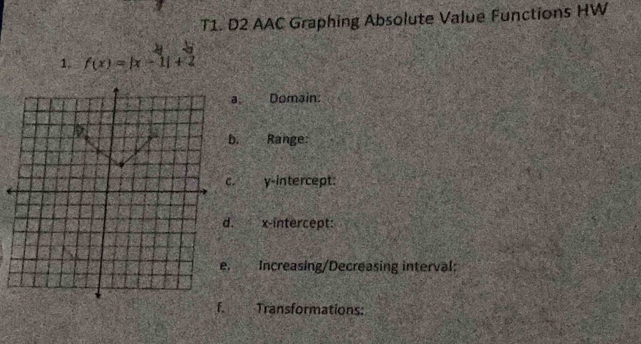 T1. D2 AAC Graphing Absolute Value Functions HW 
1. f(x)=|x-1|+2
a. Domain: 
. Range: 
. y-intercept: 
. x-intercept: 
. Increasing/Decreasing interval: 
Transformations: