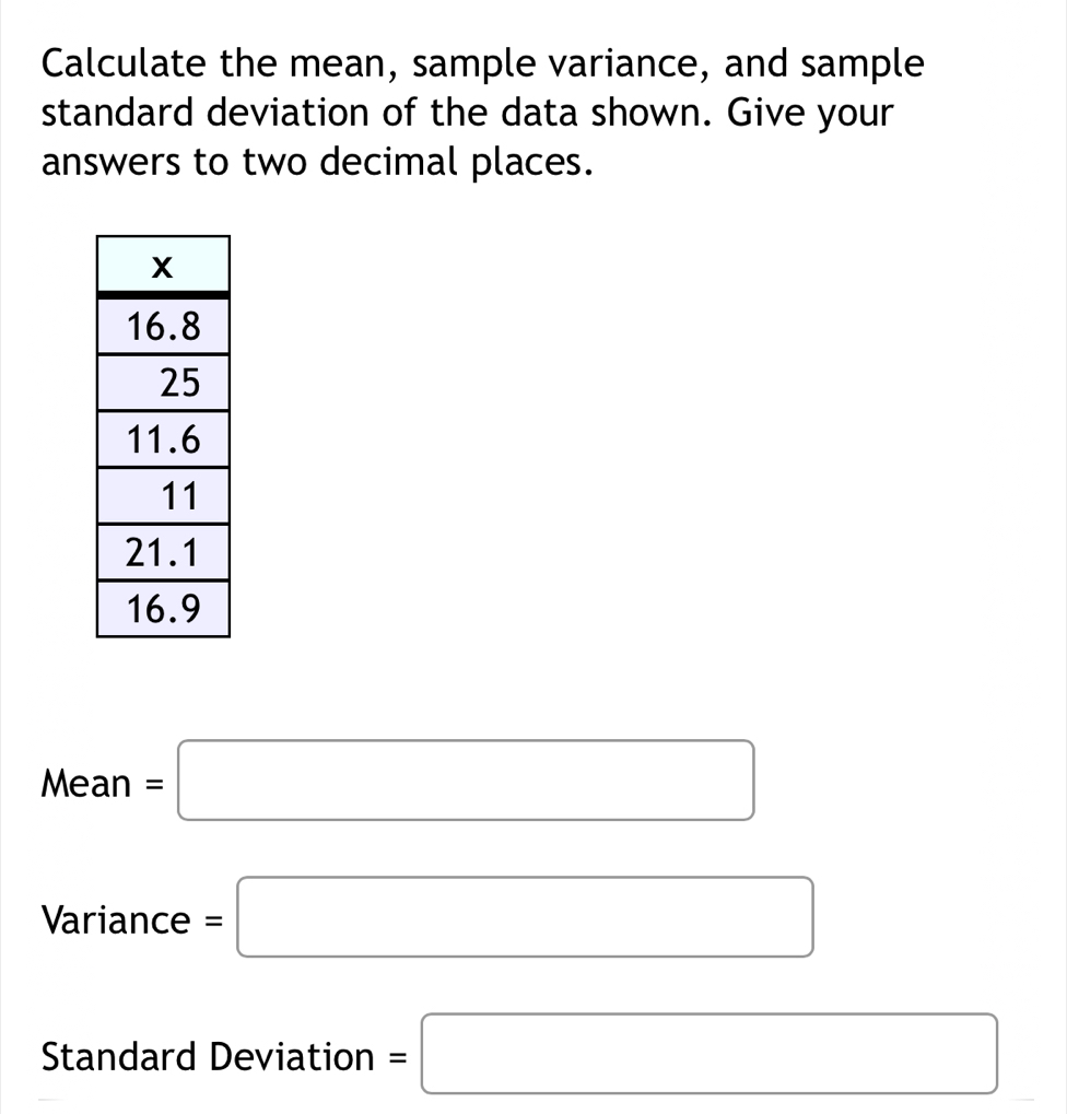 Calculate the mean, sample variance, and sample 
standard deviation of the data shown. Give your 
answers to two decimal places.
Mean=□
Variance =□
Standard Deviation =□