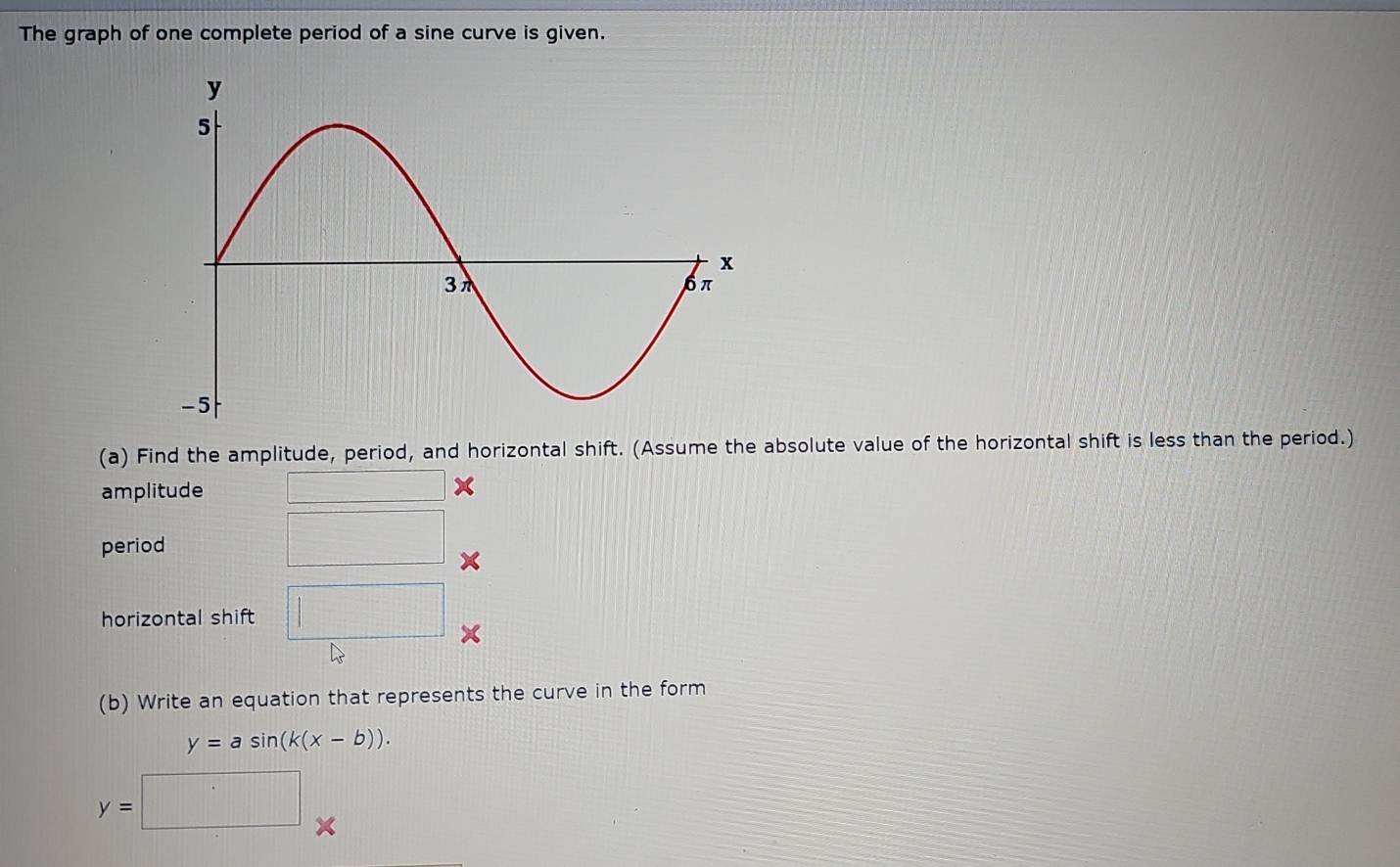 The graph of one complete period of a sine curve is given. 
(a) Find the amplitude, period, and horizontal shift. (Assume the absolute value of the horizontal shift is less than the period.) 
amplitude 12,-1)
period 
□ 
horizontal shift □ 
(b) Write an equation that represents the curve in the form
y=asin (k(x-b)).
y=□ |