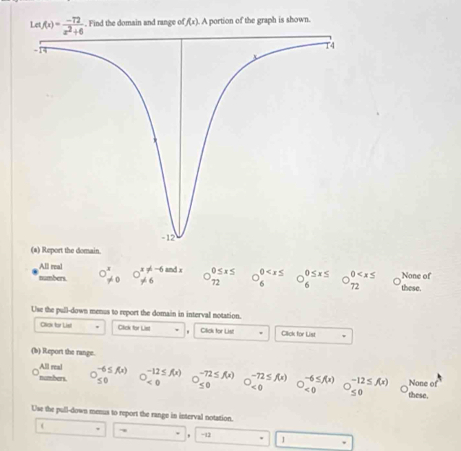 Le f(x)= (-72)/x^2+6 . Find the domain and range of f(x) A portion of the graph is shown.
.
All real
d
numbers. O_(!= 0)^x x!= -6 and 0≤ x≤ 0 O_6^((0≤ x≤) bigcirc beginarray)r 0 None of
!= 6 72 6 these.
Use the pull-down menus to report the domain in interval notation.
Cliok tor List Click for List ' Click for List Click for List
(b) Report the range.
All real -6≤ f(x) -12≤ f(x) -72≤ f(x) -6≤ f(x) -12≤ f(x) None of
numbers. ≤o J <0</tex> bigcirc _(≤ 0)^(-72≤ f(x)) ^<0 D ∠ 0 ≤ 0 these.
Use the pull-down menus to report the range in interval notation.
( -12 ]
,