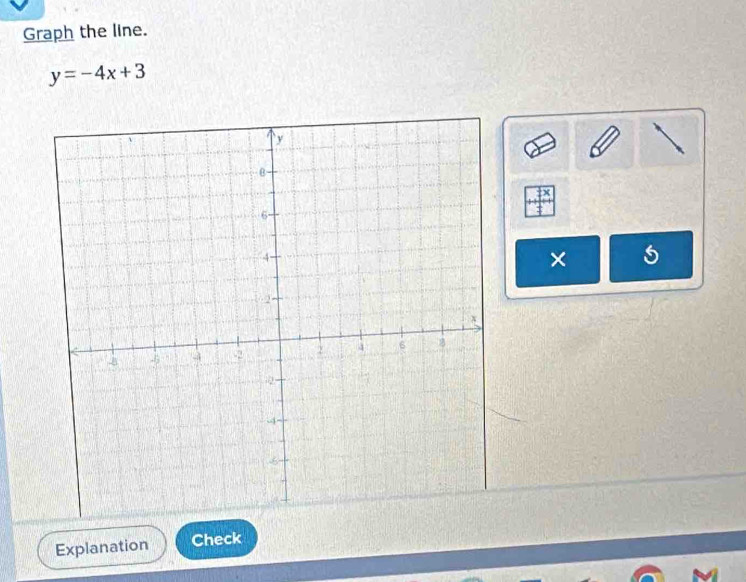 Graph the line.
y=-4x+3
× 
Explanation Check