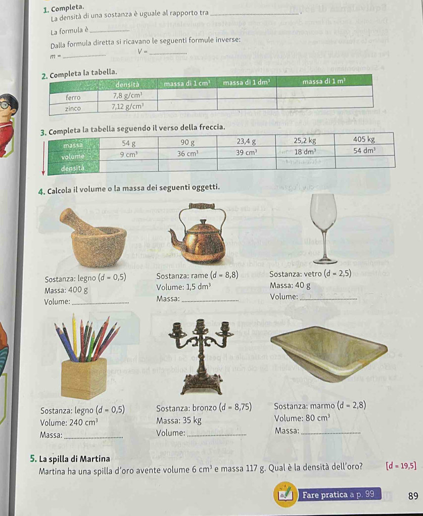 Completa.
La densità di una sostanza è uguale al rapporto tra_
La formula è_ .
Dalla formula diretta si ricavano le seguenti formule inverse:
_ V=
m=
_
o della freccia.
4. Calcola il volume o la massa dei seguenti oggetti.
Sostanza: legno (d=0,5) Sostanza: rame (d=8,8) Sostanza: vetro (d=2,5)
Massa: 400 g Volume: 1,5dm^3
Massa: 40 g
Volume:_ Massa: _Volume:_
Sostanza: legno (d=0,5) Sostanza: bronzo (d=8,75) Sostanza: marmo (d=2,8)
Volume: 240cm^3 Massa: 35 kg Volume: 80cm^3
Massa:_ Volume: _Massa:_
5. La spilla di Martina
Martina ha una spilla d’oro avente volume 6cm^3 e massa 117 g. Qual è la densità dell'oro? [d=19,5]
Fare pratica a p. 99 89