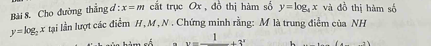 Cho đường thẳng d : x=m cắt trục Ox , đồ thị hàm số y=log _4x và đồ thị hàm số
y=log _2x tại lần lượt các điểm H, M, N. Chứng minh rằng: M là trung điểm của NH
y=frac 1+3^x h