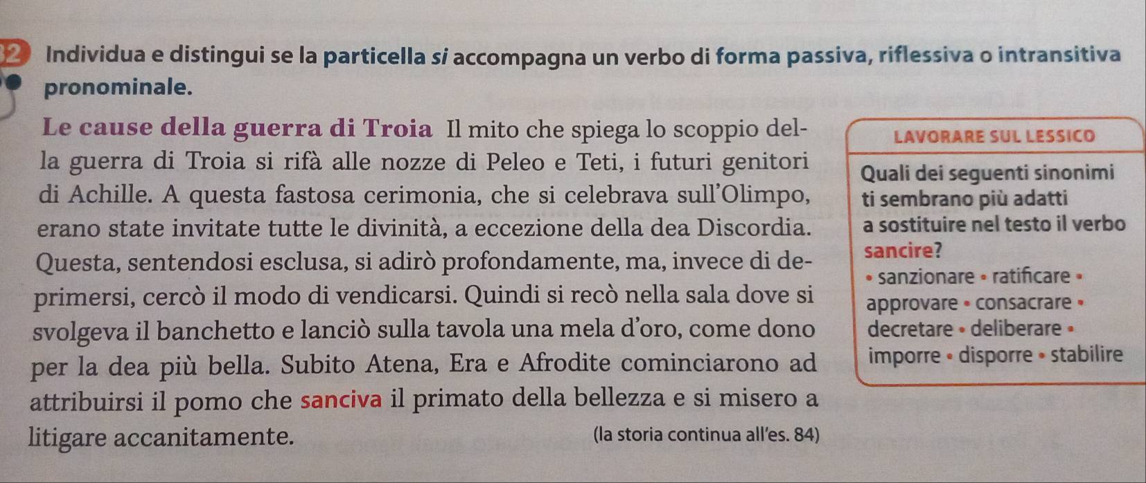 Individua e distingui se la particella si accompagna un verbo di forma passiva, riflessiva o intransitiva 
pronominale. 
Le cause della guerra di Troia Il mito che spiega lo scoppio del- 
LAVORARE SUL LESSICO 
la guerra di Troia si rifà alle nozze di Peleo e Teti, i futuri genitori Quali dei seguenti sinonimi 
di Achille. A questa fastosa cerimonia, che si celebrava sull’Olimpo, ti sembrano più adatti 
erano state invitate tutte le divinità, a eccezione della dea Discordia. a sostituire nel testo il verbo 
Questa, sentendosi esclusa, si adirò profondamente, ma, invece di de- sancire? 
sanzionare • ratifcare » 
primersi, cercò il modo di vendicarsi. Quindi si recò nella sala dove si 
approvare • consacrare » 
svolgeva il banchetto e lanciò sulla tavola una mela d’oro, come dono decretare • deliberare » 
per la dea più bella. Subito Atena, Era e Afrodite cominciarono ad imporre • disporre • stabilire 
attribuirsi il pomo che sanciva il primato della bellezza e si misero a 
litigare accanitamente. (la storia continua all’es. 84)