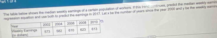 The table below shows the median weekly earnings of a certain population of workers. If this trend continues, predict the median weekly earin 
on equation and use both to predict the earings in 2017. Let x be the number of years since the year 2000 and y be the weekly earnin