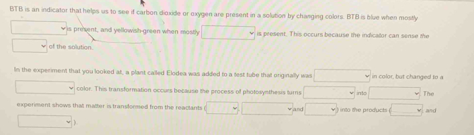 BTB is an indicator that helps us to see if carbon dioxide or oxygen are present in a solution by changing colors. BTB is blue when mostly 
is present, and yellowish-green when mostly is present. This occurs because the indicator can sense the 
of the solution. 
In the experiment that you looked at, a plant called Elodea was added to a test tube that originally was in color, but changed to a 
color. This transformation occurs because the process of photosynthesis turns into The 
experiment shows that matter is transformed from the reactants into the products and 
and 
)