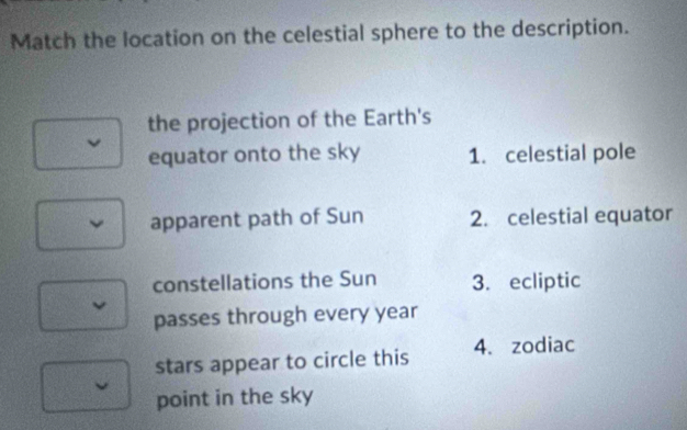 Match the location on the celestial sphere to the description.
the projection of the Earth's
equator onto the sky 1. celestial pole
apparent path of Sun 2. celestial equator
constellations the Sun 3. ecliptic
passes through every year
stars appear to circle this 4. zodiac
point in the sky