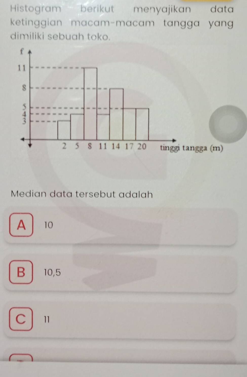 Histogram berikut menyajikan data
ketinggian macam-macam tangga yan 
dimiliki sebuah toko.
Median data tersebut adalah
A 10
B 10,5
c l