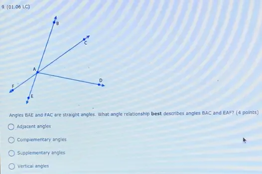 Solved: (01.06 LC) Angles BAE and FAC are straight angles. What angle ...