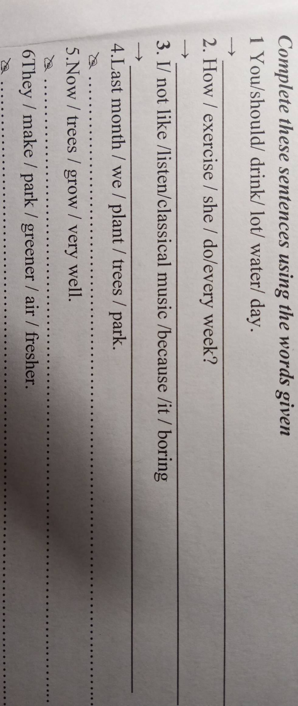 Complete these sentences using the words given 
1 You/should/ drink/ lot/ water/ day. 
_ 
2. How / exercise / she / do/every week? 
_ 
3. I/ not like /listen/classical music /because /it / boring 
_ 
4.Last month / we / plant / trees / park. 
_ 
5.Now / trees / grow / very well. 
_ 
6They / make / park / greener / air / fresher. 
_