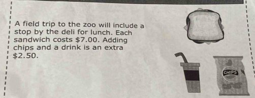 A field trip to the zoo will include a 
stop by the deli for lunch. Each 
sandwich costs $7.00. Adding 
chips and a drink is an extra
$2.50. 
CHIPS