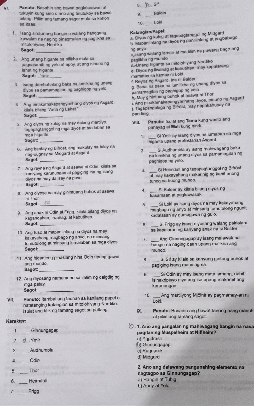 Sif
VI. Panuto: Basahin ang bawat paglalarawan at
tukuyin kung sino o ano ang tinutukoy sa bawat 9. _Balder
bilang. Piliin ang tamang sagot mula sa kahon
sa itaas. 10._ Loki
1. Isang sinaunang bangin o walang hanggang Katangian/Papel:
kawalan na naging pinagmulan ng paglikha sa a. Diyos ng kulog at tagapagtanggol ng Midgard
mitolohiyang Nordiko.
b. Mapanlinlang na diyos ng panlilinlang at pagbabago
Sagot: ng anyo
2. Ang unang higante na nilikha mula sa c, Isang walang laman at madilim na puwang bago ang
paglikha ng mundo
pagsasanib ng yelo at apoy, at ang ninuno ng d. Unang higante sa mitolohiyang Nordiko
lahat ng higante
e. Diyos ng liwanag at kabutihan, may kapalarang
Sagot: _mamatay sa kamay ni Loki
3. Isang dambuhalang baka na lumikha ng unang f. Reyna ng Asgard, ina ni Balder
diyos sa pamamagitan ng paghigop ng yelo. g. Banal na baka na lumilikha ng unang diyos sa
Sagot: pamamagitan ng paghigop ng yelo
h May ginintuang buhok at asawa ni Thor
4. Ang pinakamakapangyarihang diyos ng Asgard, i. Ang pinakamakapangyarihang diyos, pinuno ng Asgard
kilala bilang "Ama ng Lahat."
j. Tagapangalaga ng Bifröst, may napakahusay na
Sagot: _pandinig
5. Ang diyos ng kulog na may dalang martilyo, VIII. Panuto: Isulat ang Tama kung wasto ang
tagapagtanggol ng mga diyos at tao laban sa pahayag at Mali kung hindi.
mga higante.
1. Si Ymir ay isang diyos na lumaban sa mga
Sagot:_
higante upang protektahan Asgard.
6. Ang bantay ng Bifröst, ang makulay na tulay na
2.
nag-uugnay sa Midgard at Asgard. _Si Audhumbla ay isang mahiwagang baka
Sagot: _na lumikha ng unang diyos sa pamamagitan ng
paghigop ng yelo.
7. Ang reyna ng Asgard at asawa ni Odin, kilala sa
3.
kaniyang karunungan at pagiging ina ng isang Si Heimdall ang tagapagtanggol ng Bifröst
diyos na may dalisay na puso. at may kakayahang makarinig ng kahit anong
Sagot: _tunog sa buong mundo.
8. Ang diyosa na may ginintuang buhok at asawa 4. _Si Balder ay kilala bilang diyos ng
ni Thor. kasamaan at pagkawasak.
Sagot: __Si Loki ay isang diyos na may kakayahang
5.
9. Ang anak ni Odin at Frigg, kilala bilang diyos ng magbago ng anyo at minsang tumutulong ngunit
kagandahan, liwanag, at kabutihan. kadalasan ay gumagawa ng gulo
Sagot: __Si Frigg ay isang diyosang walang pakialam
10. Ang tuso at mapanlinlang na diyos na may sa kapalaran ng kanyang anak na si Balder.
kakayahang magbago ng anyo, na minsang
tumutulong at minsang lumalaban sa mga diyos. 7. _Ang Ginnungagap ay isang malawak na
Sagot: _bangin na naging daan upang malikha ang
mundo
11. Ang higanteng pinaslang nina Odin upang gawin
8. _Si Sif ay kilala sa kanyang gintong buhok at
ang mundo.
Sagot: _pagiging isang mandirigma.
12. Ang diyosang namumuno sa ilalim ng daigdig ng 9. _Si Odin ay may isang mata lamang, dahil
isinakripisyo niya ang isa upang makamit ang
mga patay. karunungan.
Sagot:_
VII. Panuto: Itambal ang tauhan sa kanilang papel o 10._ Loki.  Ang martilyong Mjölnir ay pagmamay-ari ni
natatanging katangian sa mitolohiyang Nordiko.
Isulat ang titik ng tamang sagot sa patlang. IX. Panuto: Basahin ang bawat tanong nang mabuti
at piliin ang tamang sagot.
Karakter:
. 1. Ano ang pangalan ng mahiwagang bangin na nasa
1. _Ginnungagap
pagitan ng Muspelheim at Niflheim?
2. _Ymir a) Yggdrasil
b) Ginnungagap
3. _Audhumbla c) Ragnarok
d) Midgard
4. _Odin
2. Ano ang dalawang pangunahing elemento na
5. _Thor
nagtagpo sa Ginnungagap?
6. _Heimdall a) Hangin at Tubig
b) Apoy at Yelo
7. _Frigg