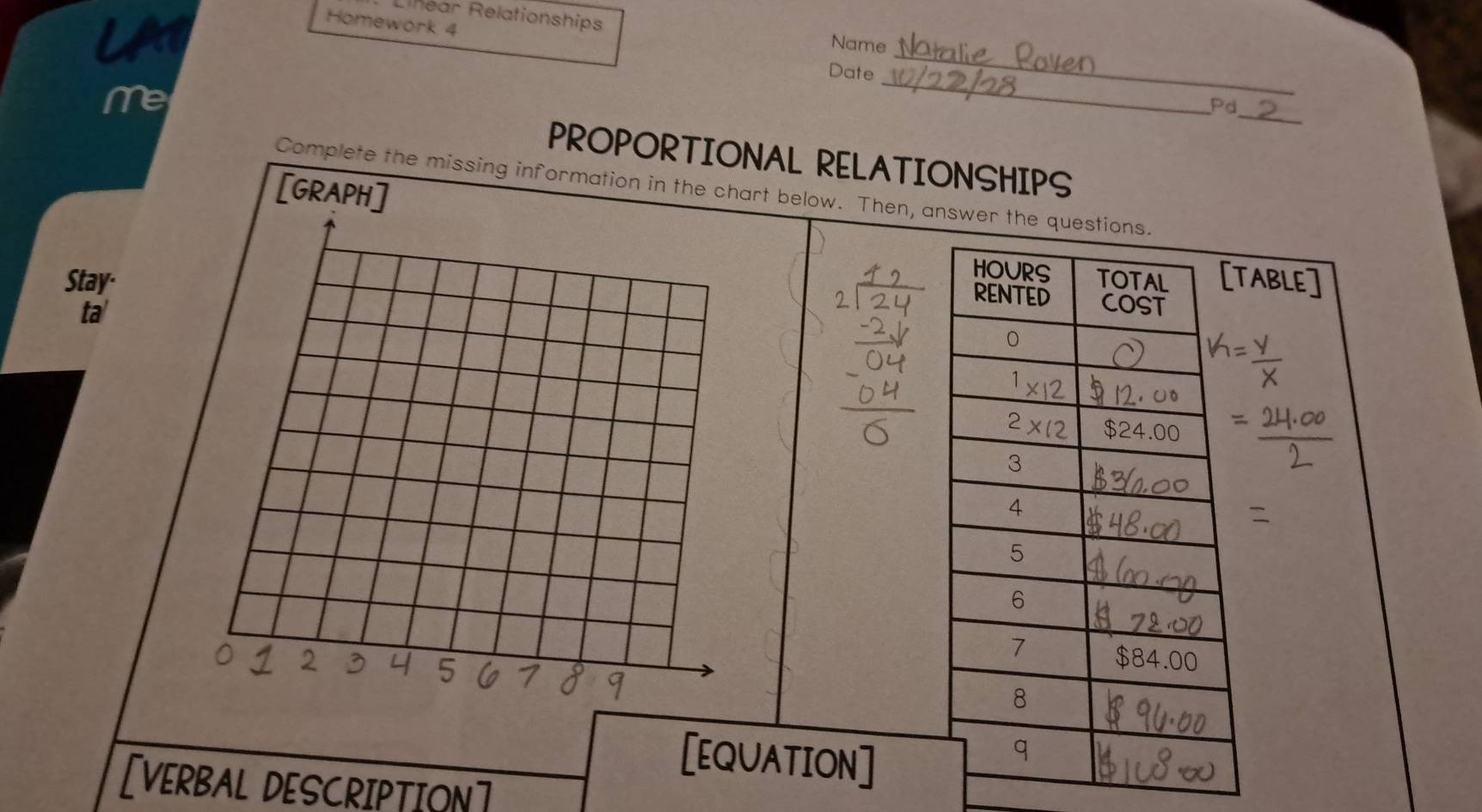 Lihear Relationships Name 
LA 
Homework 4 Date_ 
Me 
_ 
_ 
Pd 
PROPORTIONAL RELATIONSHIPS 
[GRAPH] 
Complete the missing information in the chart below. Then, answer the question 
Stay· 
ta' 
[EQUATION] 
[VERBAL DESCRIPTION]