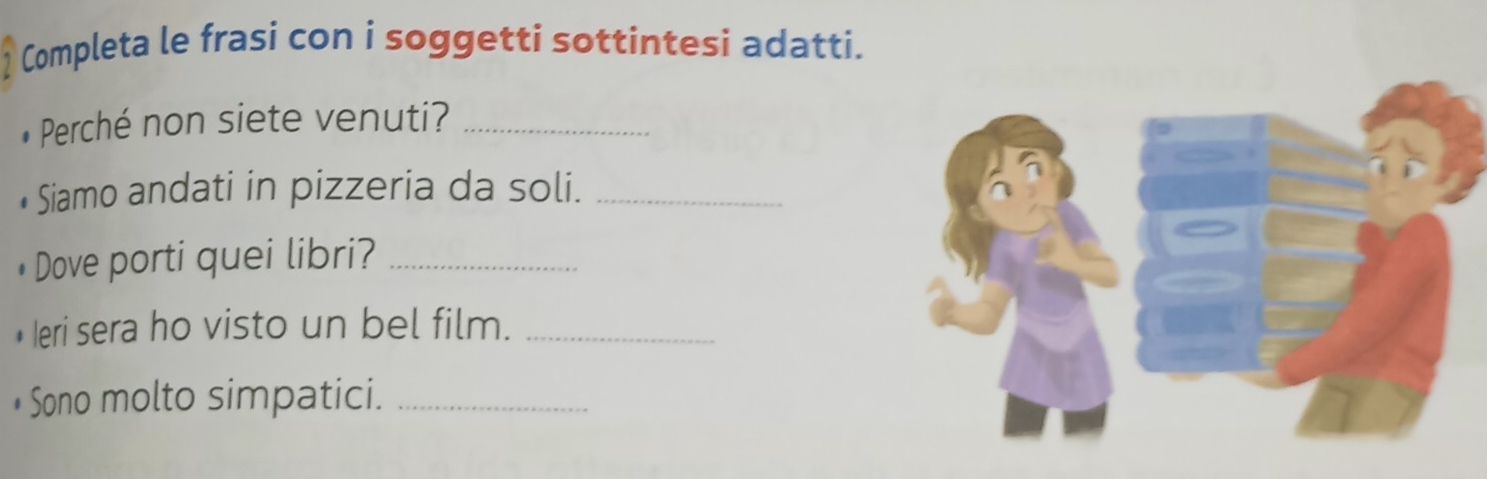 Completa le frasi con i soggetti sottintesi adatti. 
Perché non siete venuti?_ 
• Siamo andati in pizzeria da soli._ 
• Dove porti quei libri?_ 
• Ieri sera ho visto un bel film._ 
• Sono molto simpatici._