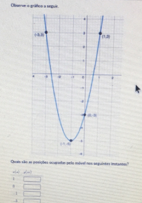 Observe o gráfico a seguir.
Quais são adas pelo móvel nos seguintes instantes?
n(a) v(m)
1 □
B □
1 □
-3 □