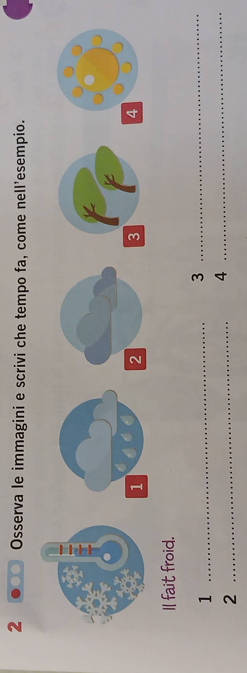 Osserva le immagini e scrivi che tempo fa, come nell’esempio. 
Il fait froid. 
_1 
_3 
2 
_ 
_4