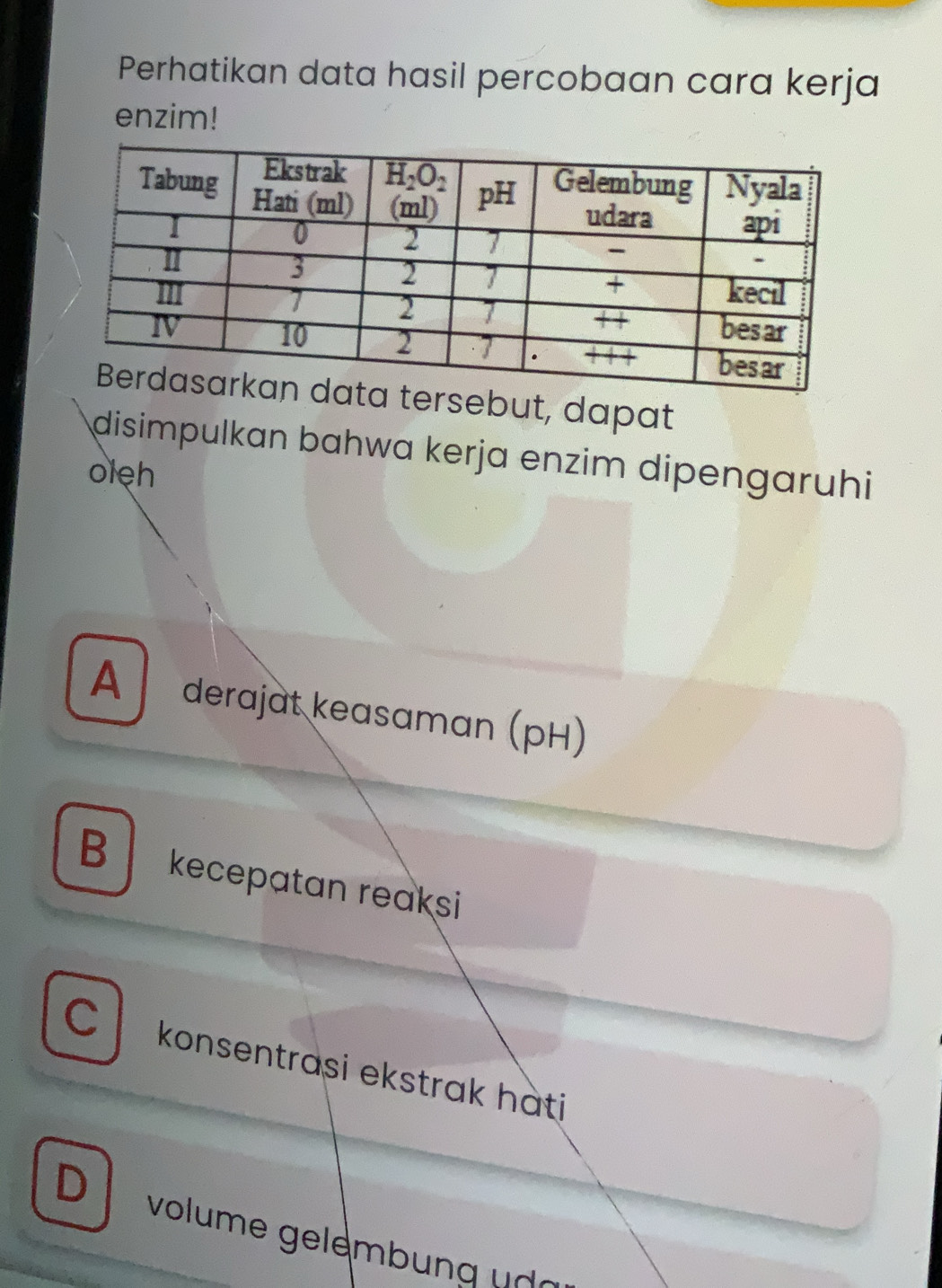 Perhatikan data hasil percobaan cara kerja
enzim!
sebut, dapat
disimpulkan bahwa kerja enzim dipengaruhi
oleh
A   derajat keasaman (pH)
B kecepatan reaksi
C konsentrasi ekstrak hàti
D  vome   l mbu g    d