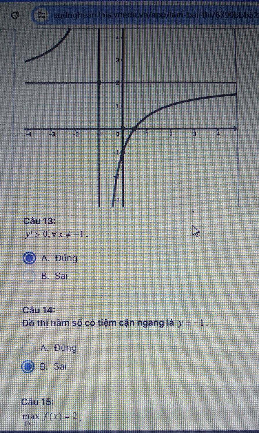 y'>0, forall x!= -1.
A. Đúng
B. Sai
Câu 14:
Đồ thị hàm số có tiệm cận ngang là y=-1.
A. Đúng
B. Sai
Câu 15:
maxf(x)=2