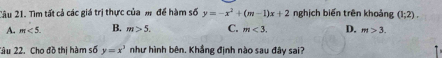 Tìm tất cả các giá trị thực của m để hàm số y=-x^2+(m-1)x+2 nghịch biến trên khoảng (1;2).
C.
A. m<5</tex>. B. m>5. m<3</tex>. D. m>3. 
Tâu 22. Cho đồ thị hàm số y=x^3 như hình bên. Khẳng định nào sau đây sai?