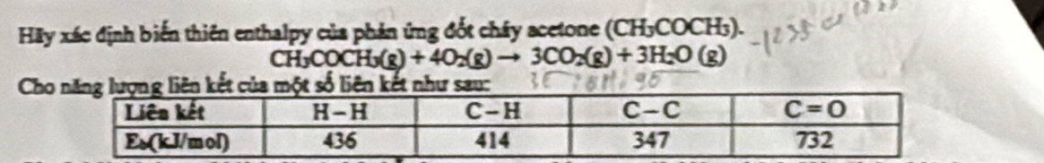 Hãy xác định biến thiên enthalpy của phản ứng đốt cháy acetone (CH₃COCH3).
CH_3COCH_3(g)+4O_2(g)to 3CO_2(g)+3H_2O(g)
Ch liên kết của một số liên kết như sau: