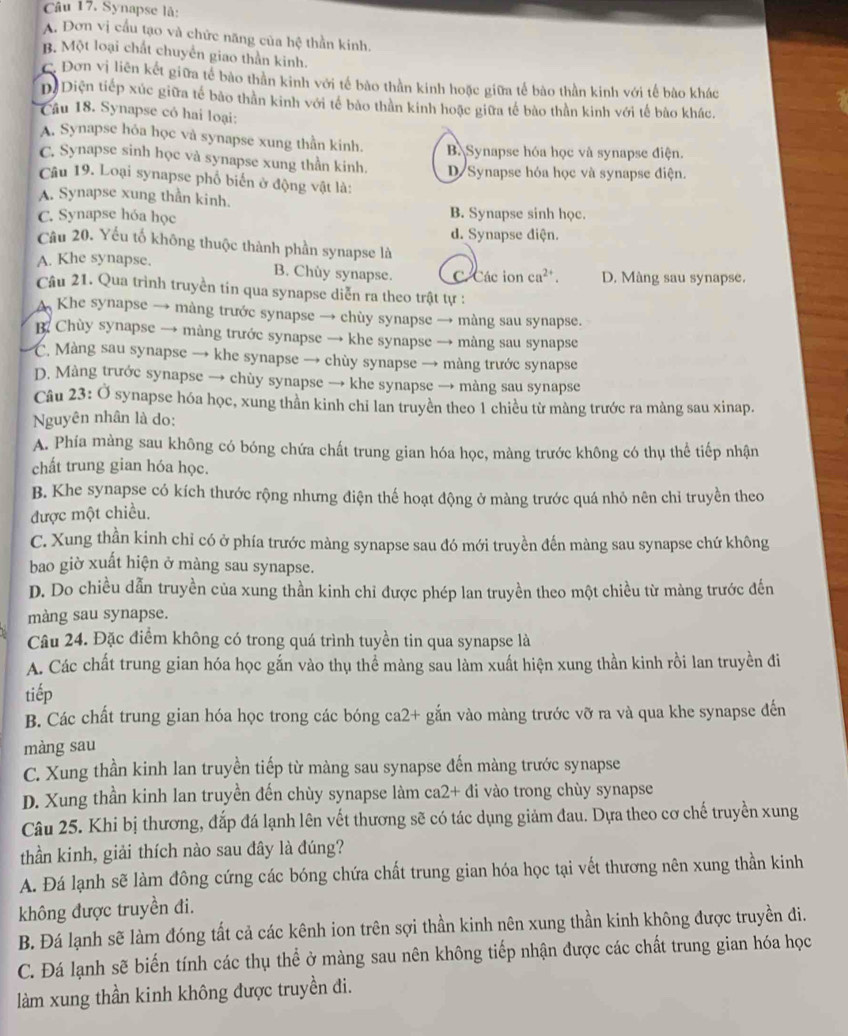 Synapse lå:
A. Đơn vị cầu tạo và chức năng của hệ thần kinh.
B. Một loại chất chuyển giao thần kinh.
C. Đơn vị liên kết giữa tế bào thần kinh với tế bào thần kinh hoặc giữa tế bào thần kinh với tế bào khác
D. Diện tiếp xúc giữa tế bảo thần kinh với tế bảo thân kinh hoặc giữa tế bào thần kinh với tế bào khác.
Cầu 18. Synapse có hai loại:
A. Synapse hỏa học và synapse xung thần kinh. B. Synapse hóa học và synapse điện.
C. Synapse sinh học và synapse xung thần kinh. D Synapse hỏa học và synapse điện.
Câu 19. Loại synapse phổ biến ở động vật là:
A. Synapse xung thần kinh.
C. Synapse hóa học B. Synapse sinh học.
d. Synapse diện.
Câu 20. Yếu tố không thuộc thành phần synapse là
A. Khe synapse. B. Chùy synapse. C Các ion ca^(2+). D. Màng sau synapse.
Câu 21. Qua trình truyền tin qua synapse diễn ra theo trật tự :
A Khe synapse → màng trước synapse → chùy synapse → màng sau synapse.
B. Chùy synapse → màng trước synapse → khe synapse → màng sau synapse
C. Màng sau synapse → khe synapse → chùy synapse → màng trước synapse
D. Màng trước synapse → chùy synapse → khe synapse → màng sau synapse
Câu 23: Ở synapse hóa học, xung thần kinh chỉ lan truyền theo 1 chiều từ màng trước ra màng sau xinap.
Nguyên nhân là do:
A. Phía màng sau không có bóng chứa chất trung gian hóa học, màng trước không có thụ thể tiếp nhận
chất trung gian hóa học.
B. Khe synapse có kích thước rộng nhưng điện thế hoạt động ở màng trước quá nhỏ nên chỉ truyền theo
được một chiều.
C. Xung thần kinh chỉ có ở phía trước màng synapse sau đó mới truyền đến màng sau synapse chứ không
bao giờ xuất hiện ở màng sau synapse.
D. Do chiều dẫn truyền của xung thần kinh chỉ được phép lan truyền theo một chiều từ màng trước đến
màng sau synapse.
Câu 24. Đặc điểm không có trong quá trình tuyền tin qua synapse là
A. Các chất trung gian hóa học gắn vào thụ thể màng sau làm xuất hiện xung thần kinh rồi lan truyền đi
tiếp
B. Các chất trung gian hóa học trong các bóng ca2+ gắn vào màng trước vỡ ra và qua khe synapse đến
màng sau
C. Xung thần kinh lan truyền tiếp từ màng sau synapse đến màng trước synapse
D. Xung thần kinh lan truyền đến chùy synapse làm ca2+ đi vào trong chùy synapse
Câu 25. Khi bị thương, đắp đá lạnh lên vết thương sẽ có tác dụng giảm đau. Dựa theo cơ chế truyền xung
thần kinh, giải thích nào sau đây là đúng?
A. Đá lạnh sẽ làm đông cứng các bóng chứa chất trung gian hóa học tại vết thương nên xung thần kinh
không được truyền đi.
B. Đá lạnh sẽ làm đóng tất cả các kênh ion trên sợi thần kinh nên xung thần kinh không được truyền đi.
C. Đá lạnh sẽ biến tính các thụ thể ở màng sau nên không tiếp nhận được các chất trung gian hóa học
làm xung thần kinh không được truyền đi.