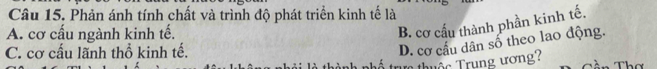 Phản ánh tính chất và trình độ phát triển kinh tế là
A. cơ cấu ngành kinh tế.
B. cơ cấu thành phần kinh tế.
C. cơ cấu lãnh thổ kinh tế.
D. cơ cầu dân số theo lao động.
thuộc Trung ương?