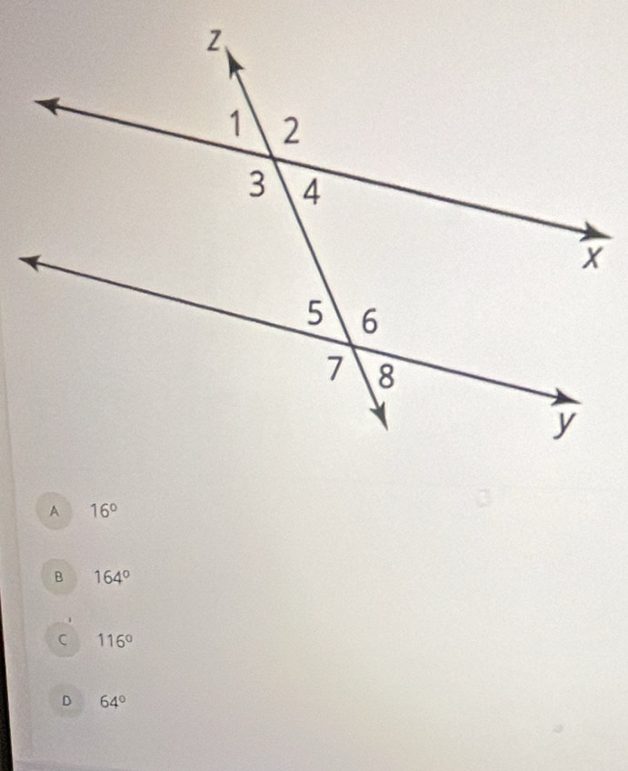 16°
B 164°
C 116°
D 64°