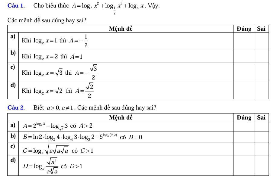 Cho biểu thức A=log _2x^2+log _ 1/2 x^3+log _4x. Vậy:
Các mệnh đề sau đún
Câu 2. Biết a>0,a!= 1. Các mệnh đề sau đúng hay sai?