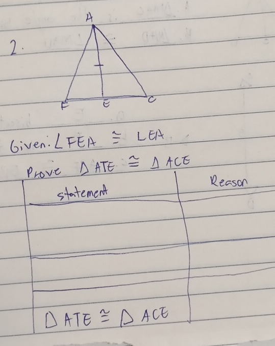 Given. ∠ FEA≌ ∠ EA
Prove △ ATE≌ △ ACE
Reason 
statement
△ ATE≌ △ ACE