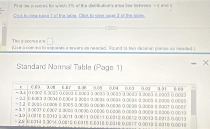 Find the z-scores for which 3% of the distribution's area lies between = z and z
Click to view page t of the table. Click to view page 2 of the table. 

The z-scores are □ 
(Use a comma to separate answers as needed. Round to two decimal places as needed.) 
Standard Normal Table (Page 1)