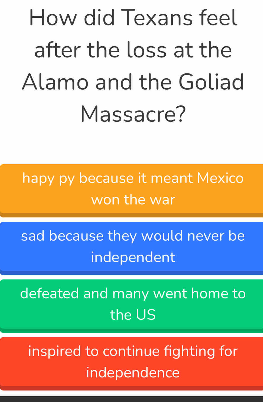 How did Texans feel
after the loss at the
Alamo and the Goliad
Massacre?
hapy py because it meant Mexico
won the war
sad because they would never be
independent
defeated and many went home to
the US
inspired to continue fighting for
independence