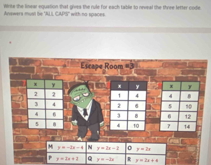 Write the linear equation that gives the rule for each table to reveal the three letter code.
Answers must be "ALL CAPS" with no spaces.
Escape Room #3
x y
2 2
3 4
4 6
5 8

M y=-2x-4 N y=2x-2 y=2x
P y=2x+2 Q y=-2x R y=2x+4