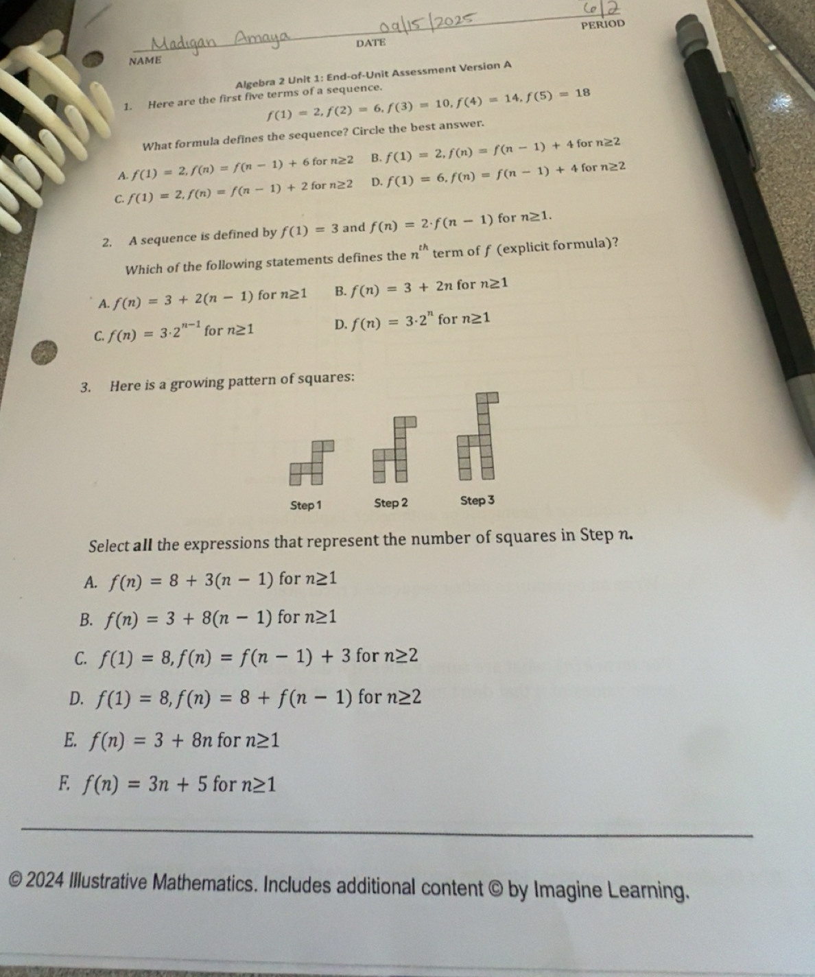 Solved: PERIOD NAME DATE Algebra 2 Unit 1: End-of-Unit Assessment ...