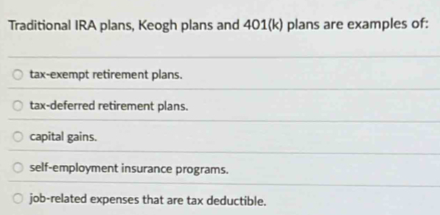 Solved: Traditional IRA plans, Keogh plans and 401(k) plans are ...