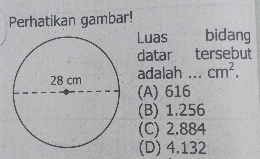 Perhatikan gambar!
Luas bidang
datar tersebut
adalah .. cm^2.
(A) 616
(B) 1.256
(C) 2.884
(D) 4.132