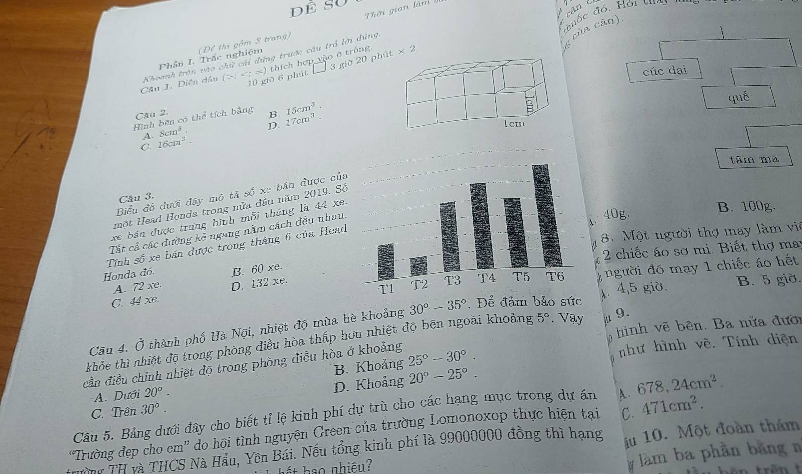 DÉ SU
cân cí
Thời gian làm 
đuốc đó. Hội thay 
g của cān)
(Đề thi gồm 3 trang)
Khoanh tròn vào chữ cái đứng trước câu trả lời dúng
Phần I. Trắc nghiệm
Câu 1. Diền dấu (>; thích hợp vào ô trống * 2
10 giờ 6 phút  3 giờ 20 phút
cúc dại
qué
Câu 2.
Hình bên có thể tích bằng B. 17cm^3. 15cm^3
A. 8cm^3.
D. 1cm
C. 16cm^3.
tâm ma
Biểu đồ dưới đây mô tả số xe bán được của
Câu 3.
một Head Honda trong nửa đầu năm 2019. Số
、 40g.
xe bán được trung bình mỗi tháng là 44 xe.
B. 100g
8. Một người thợ may làm vi
Tất cả các đường kẻ ngang nằm cách đều nhau.
Tính số xe bán được trong tháng 6 của Head
2 chiếc áo sơ mi. Biết thợ may
D. 132 xe.người đó may 1 chiếc áo hết
Honda đó.
A. 72 xe. B. 60 xe.
B. 5 giờ.
C. 44 xe.
Câu 4. Ở thành phố Hà Nội, nhiệt độ mùa hè khoảng 30°-35°. Để đảm bảo sức A. 4,5 giờ.
hình vẽ bên. Ba nửa đười
khỏe thì nhiệt độ trong phòng điều hòa thấp hơn nhiệt độ bēn ngoài khoảng 5°. Vậy u 9.
B. Khoảng 25°-30°. như hình vẽ. Tính diện
cần điều chỉnh nhiệt độ trong phòng điều hòa ở khoảng
A. Dưới 20°.
D. Khoảng 20°-25°.
C. 471cm^2.
Câu 5. Bảng dưới đây cho biết tỉ lệ kinh phí dự trù cho các hạng mục trong dự án A . 678,24cm^2.
C. Trên 30°.
“Trường đẹp cho em” do hội tình nguyện Green của trường Lomonoxop thực hiện tại ậu 10. Một đoàn thám
àm ba phần bằng n
T  ường TH và THCS Nà Hẩu, Yên Bái. Nếu tổng kinh phí là 99000000 đồng thì hạng
nh iê  ?