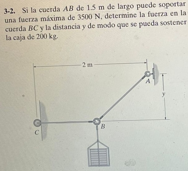 3-2. Si la cuerda AB de 1.5 m de largo puede soportar 
una fuerza máxima de 3500 N, determine la fuerza en la 
cuerda BC y la distancia y de modo que se pueda sostener 
la caja de 200 kg.