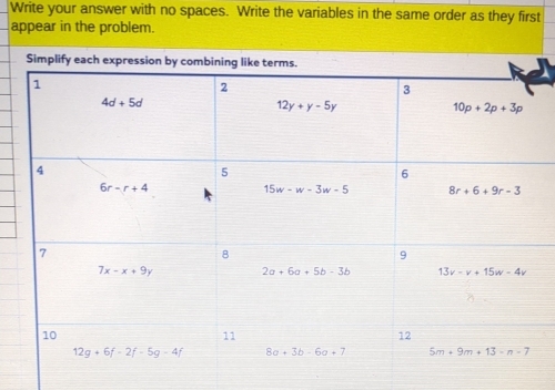 Write your answer with no spaces. Write the variables in the same order as they first
appear in the problem.