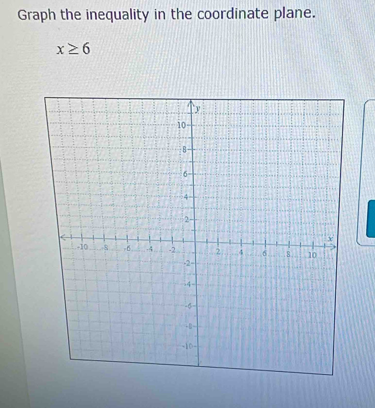 Graph the inequality in the coordinate plane.
x≥ 6