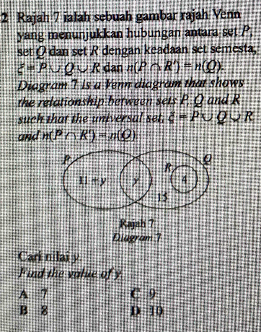 Rajah 7 ialah sebuah gambar rajah Venn
yang menunjukkan hubungan antara set P,
set Ω dan set R dengan keadaan set semesta,
xi =P∪ Q∪ R dan n(P∩ R')=n(Q).
Diagram 7 is a Venn diagram that shows
the relationship between sets P, Q and R
such that the universal set, xi =P∪ Q∪ R
and n(P∩ R')=n(Q).
Cari nilai y.
Find the value of y.
A 7 C 9
B 8 D 10